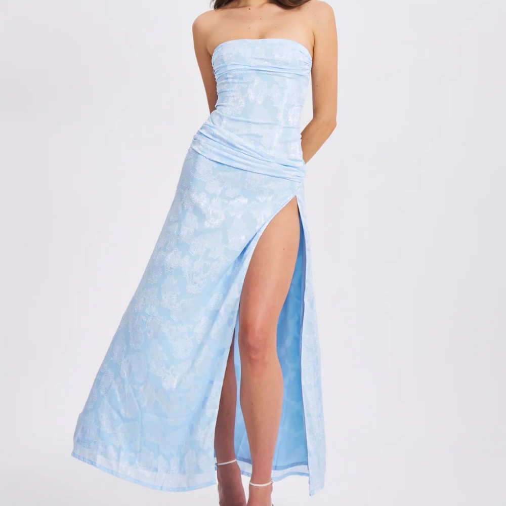 Xatia Baby Blue Jacquard Textured High Slit Maxi Dress